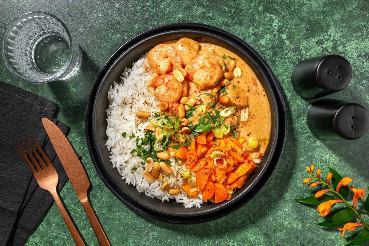 Crevettes sauce coco-cacahuète 