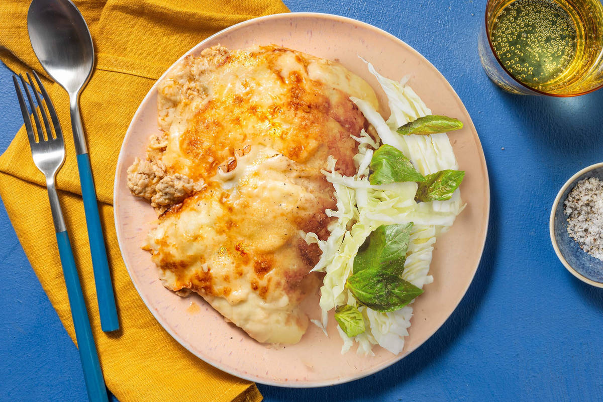 Ostegratinert kjøttdeig- og tortillalasagne