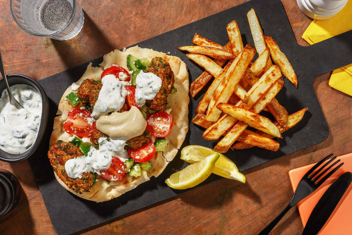 Greek Inspired Pork Kofta Gyros and Chips