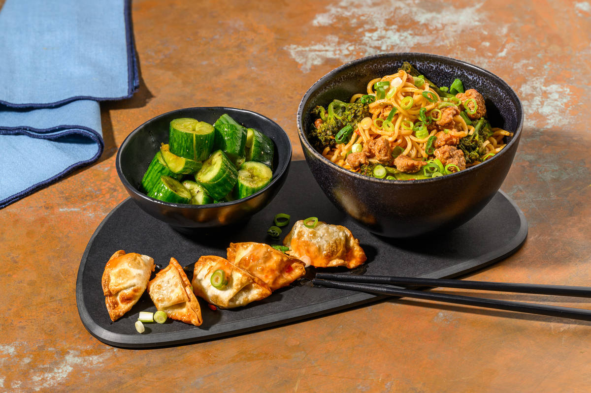 Dan Dan Style Pulled Pork Noodles and Glazed Gyozas