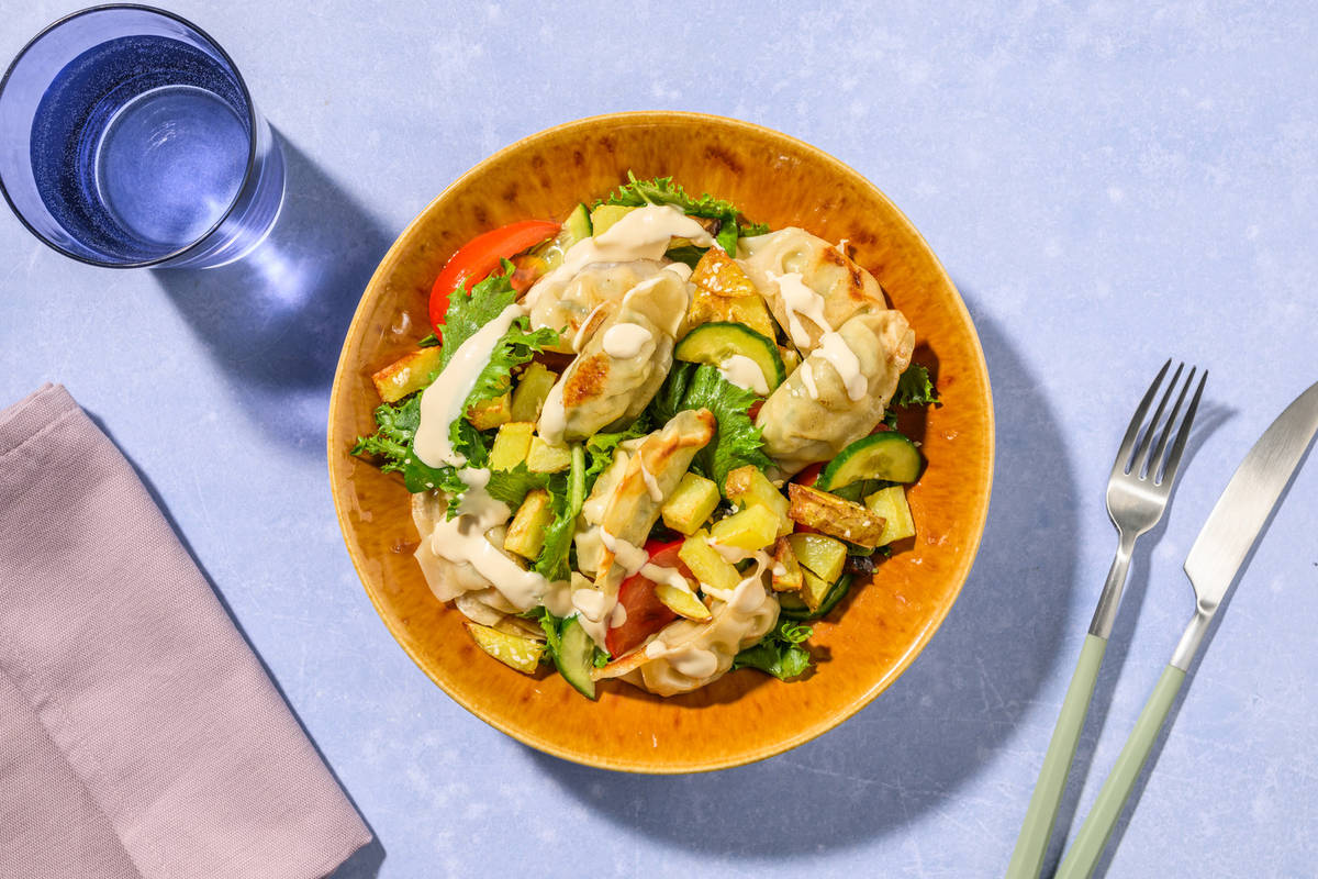 Veggie Gyozas, Chicken & Ginger-Soy Mayo