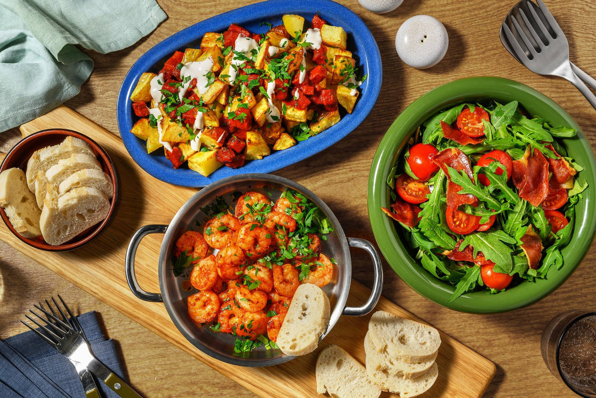 Gambas Pil Pil and Chorizo Patatas Bravas Tapas Feast