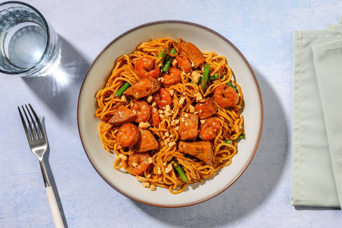 Sweet and Sticky Honey Sambal Chicken & Prawn Noodles