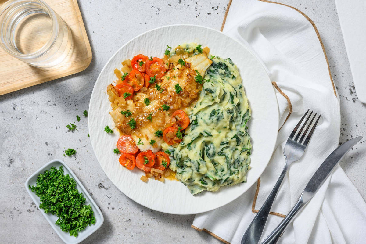 Heekfilet in mosterd-sojasaus met geroosterde kerstomaten