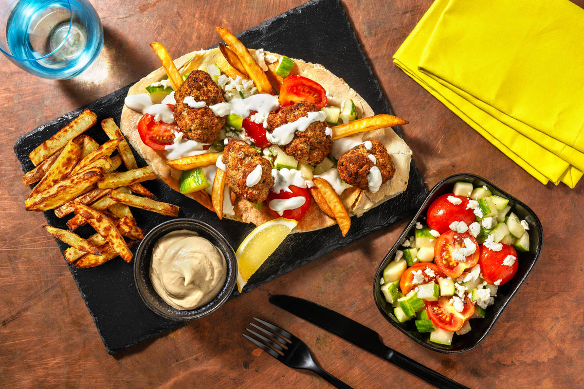 Greek Inspired Pork Kofta Gyros and Chips