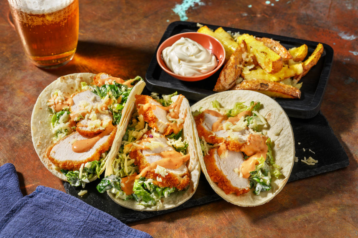 Crispy Buffalo Chicken Tacos and Cheesy Chips