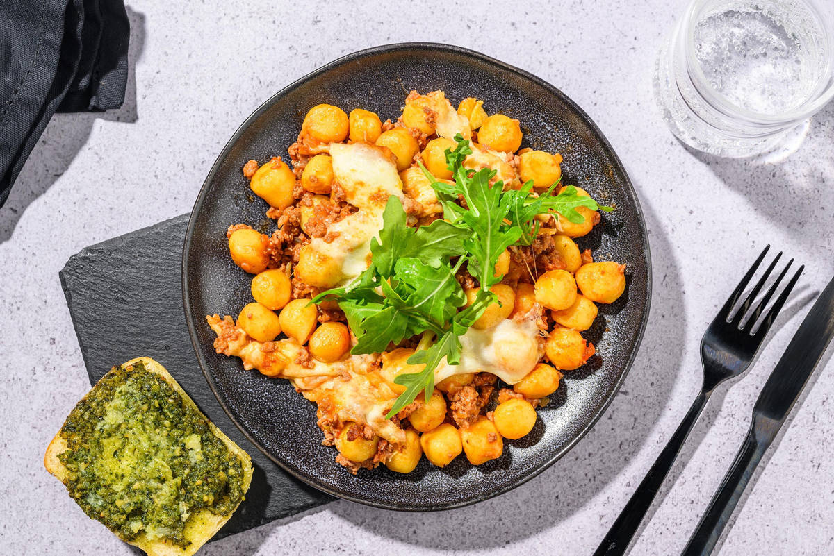 Ultimate Cheesy Beef and Bacon Bolognese Gnocchi Bake