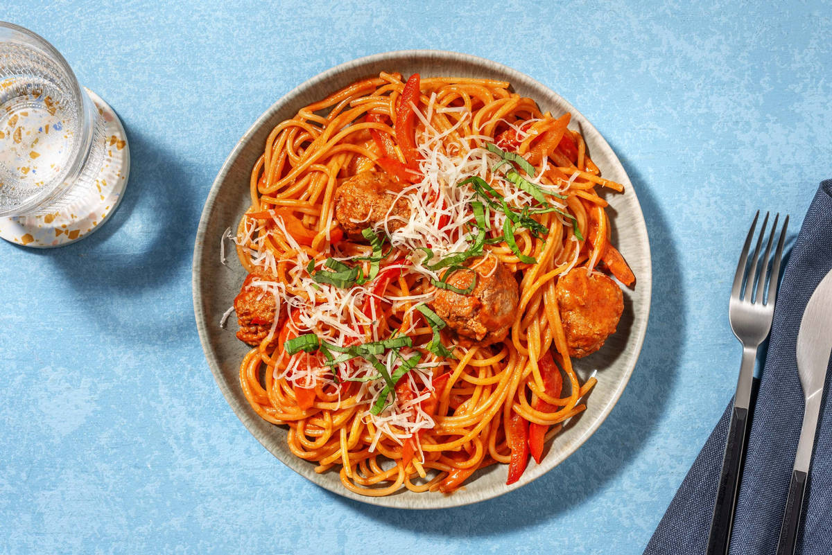 Meatballs with Fresh Spaghetti in Creamy Tomato Sauce