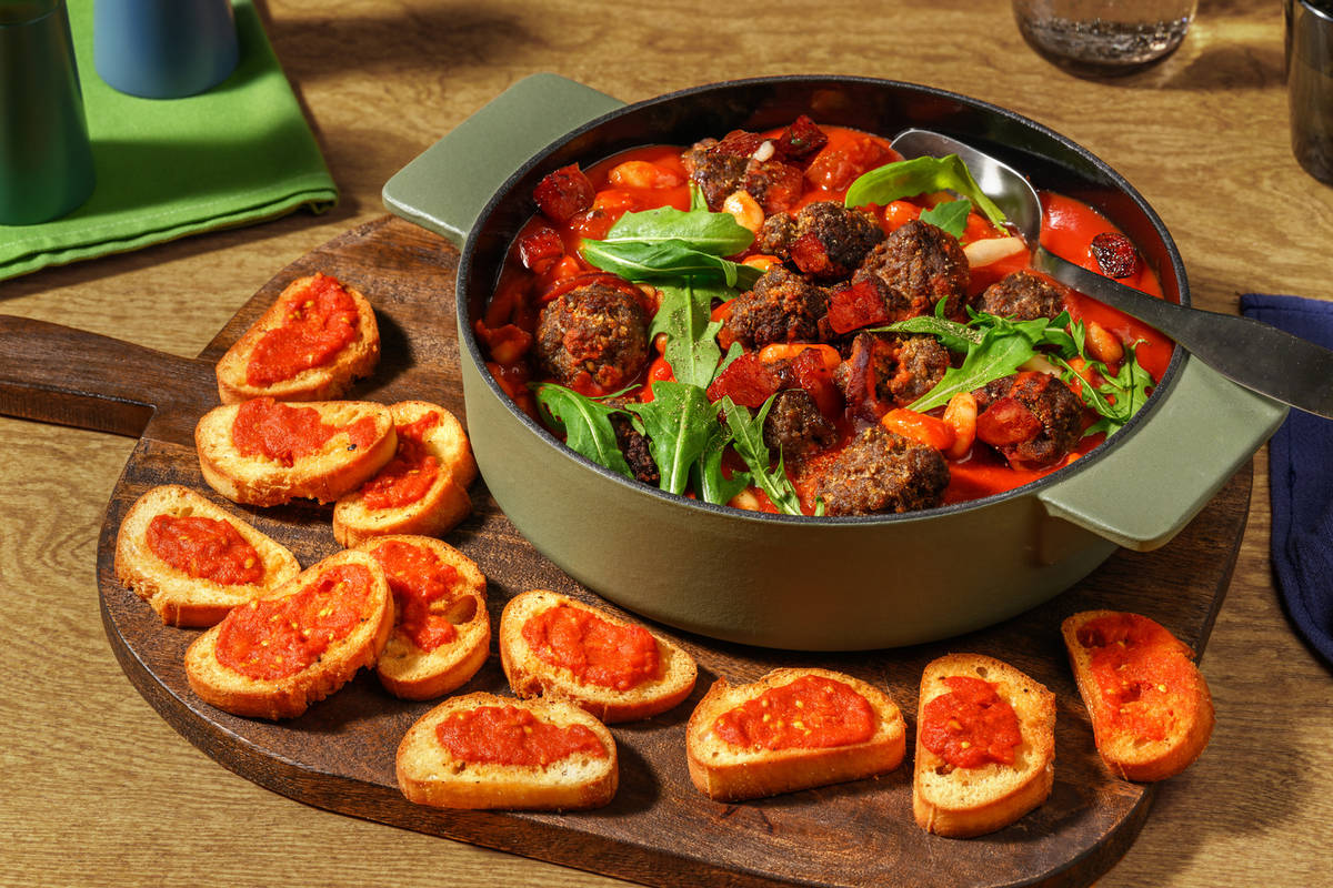 Beef Albóndigas and Chorizo & Butter Bean Stew