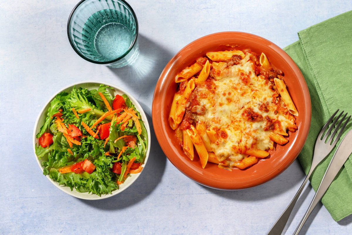 Easy Cheesy Pork Bolognese Pasta Bake