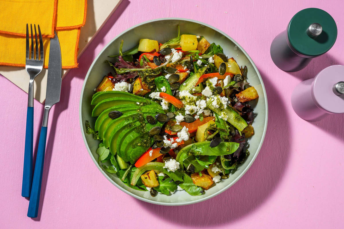 Mediterranean Style Chicken, Chorizo and Avocado Sunshine Salad