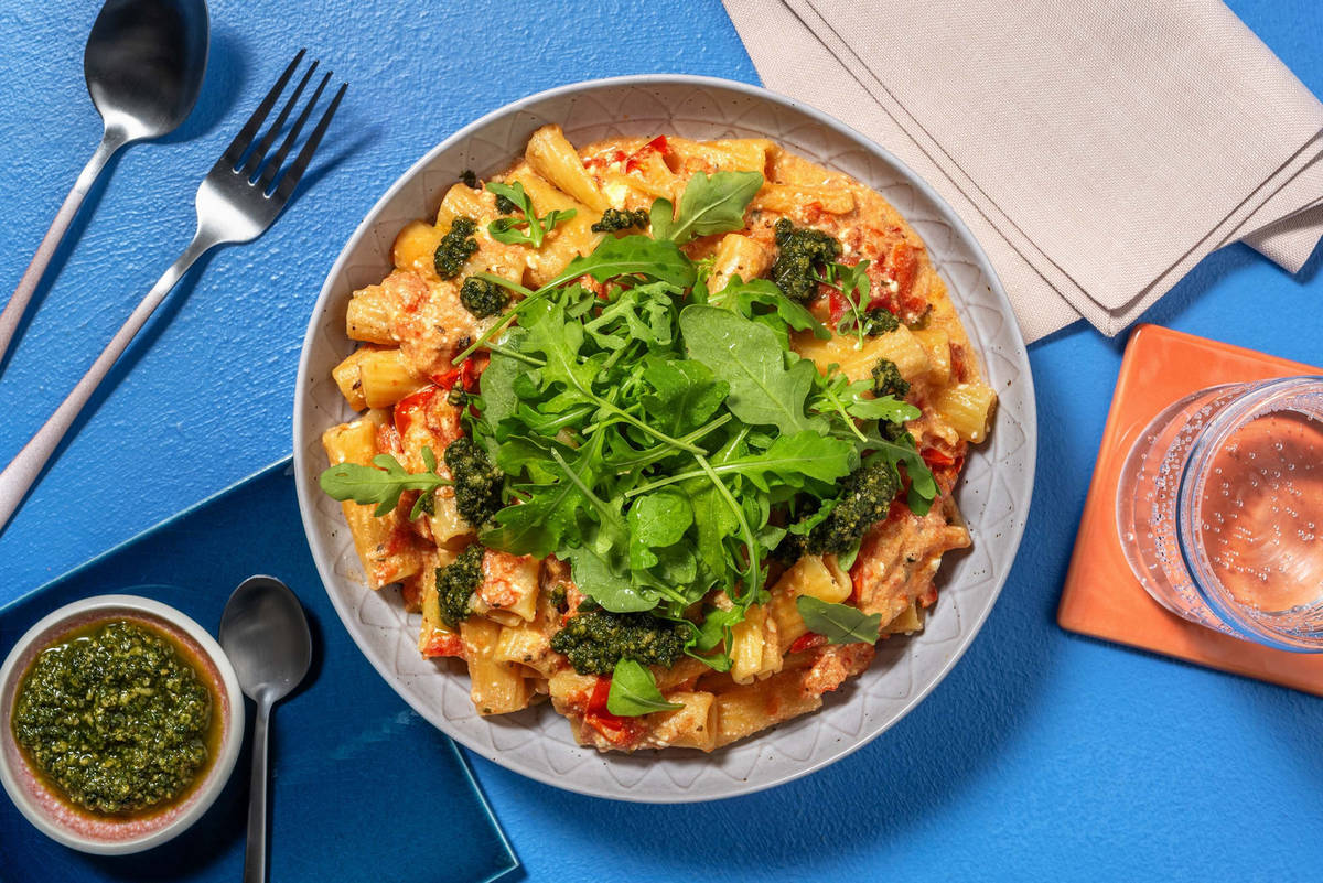 Baked Cheese, Chicken and Baby Plum Tomato Pesto Pasta