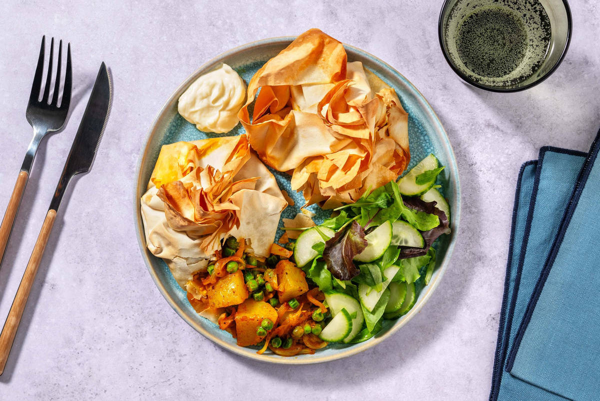 Handmade Cheesy Curried Aloo Matar Filo Parcels