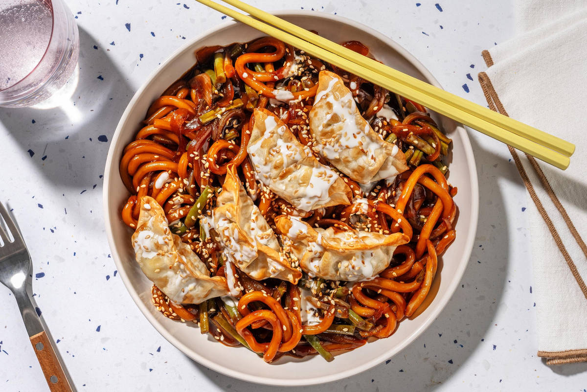 Sriracha-Sesame Veg Gyozas and Prawn Noodles