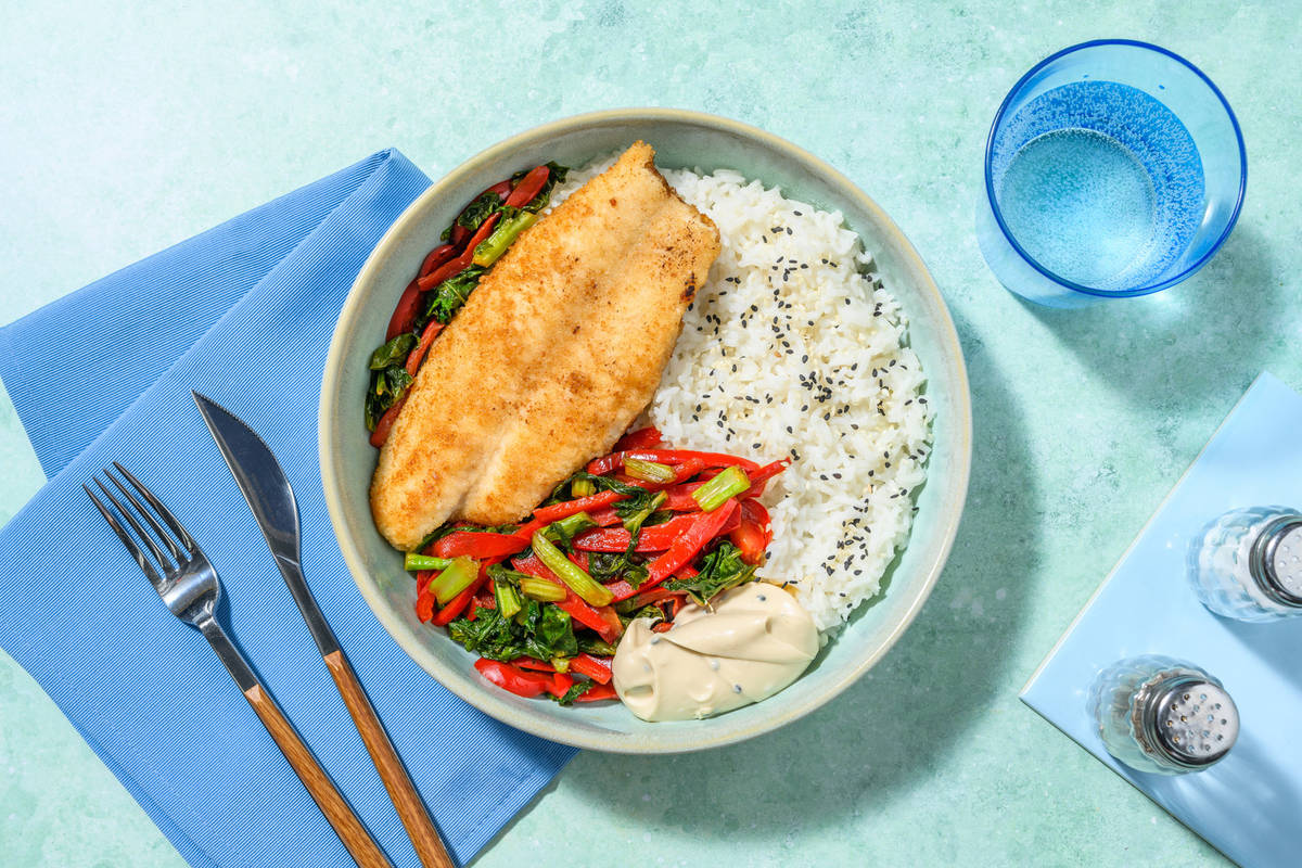 Crumbed Chick'n & Garlic Rice Bowl