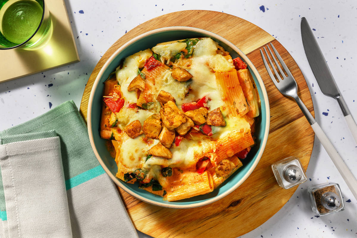 Chicken and Double Cheese Harissa Pasta Bake 