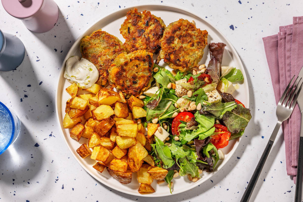 Pesto Veggie Fritters and Caprese Style Salad