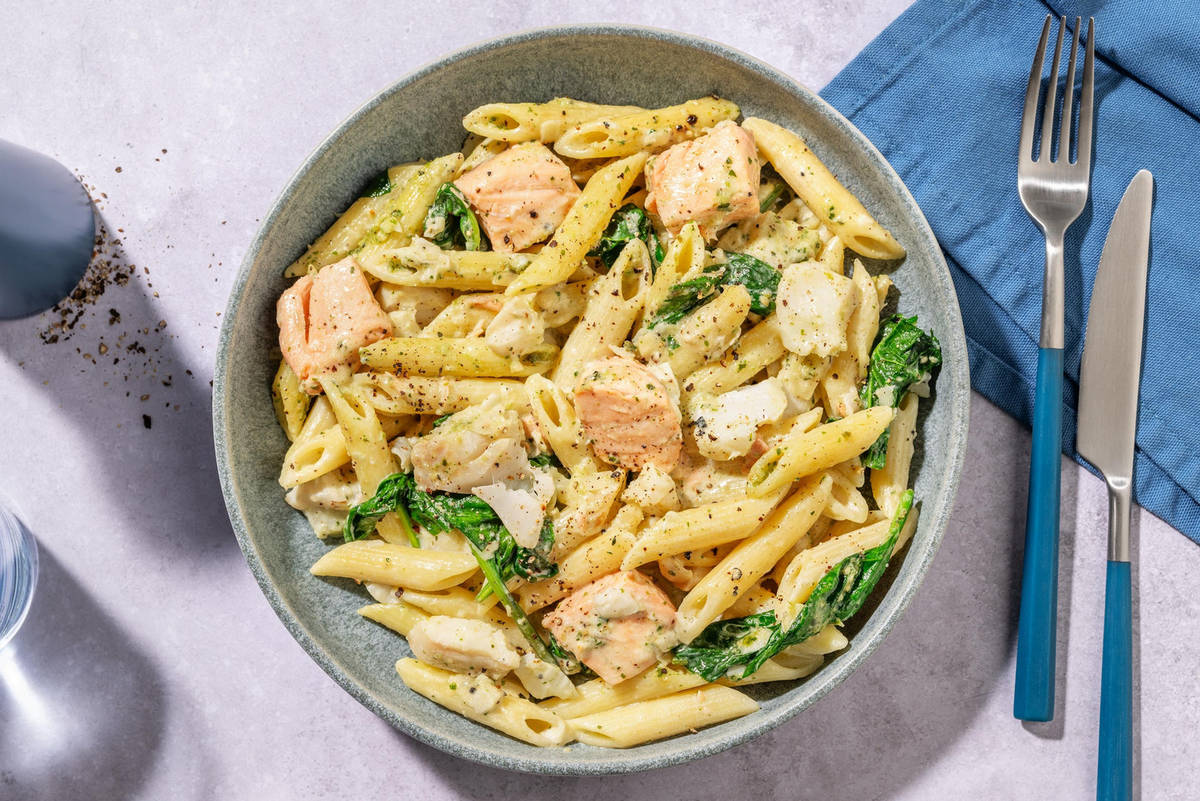 Salmon, Smoked Haddock and Cod Pesto Penne
