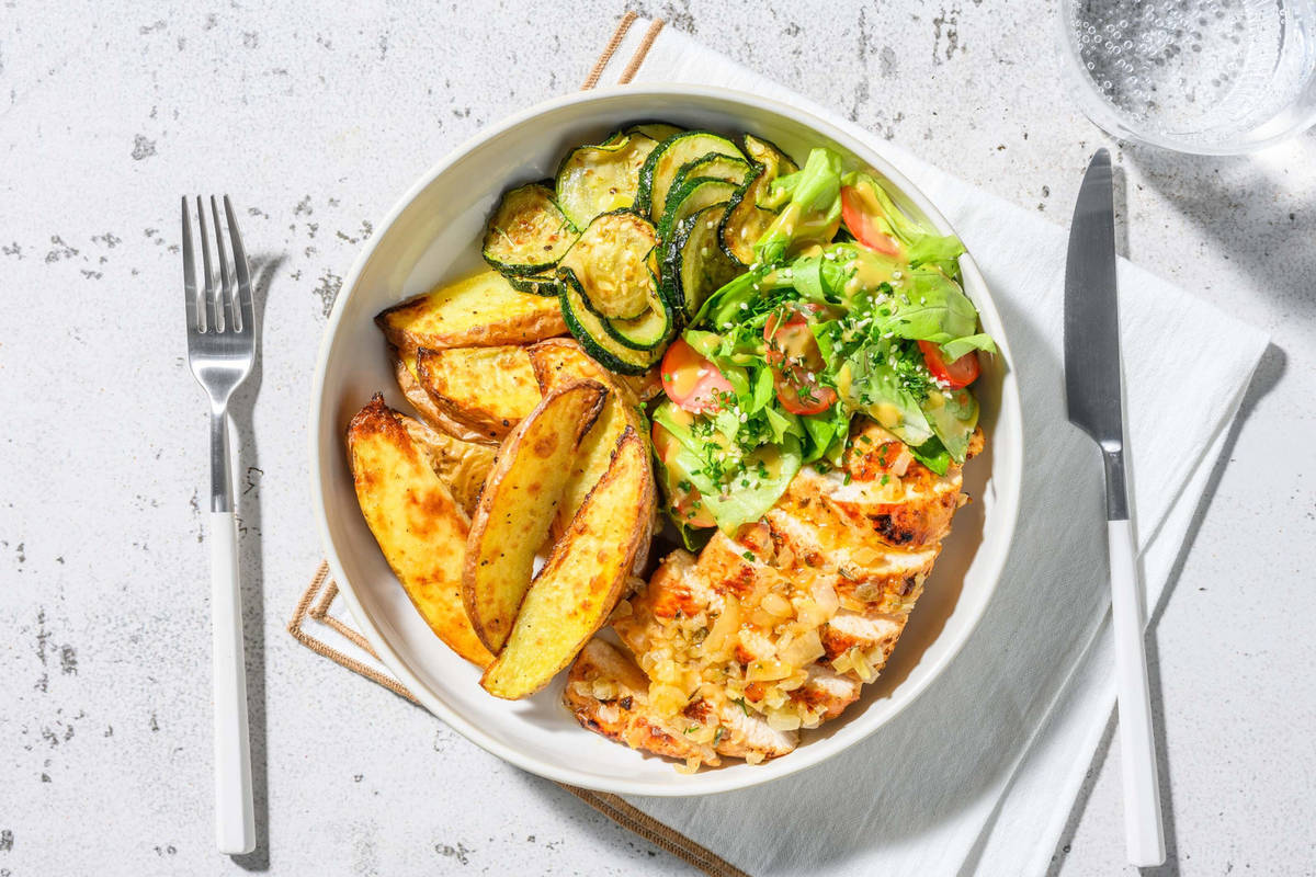 Kipfilet met tuinkruiden met aardappelpartjes