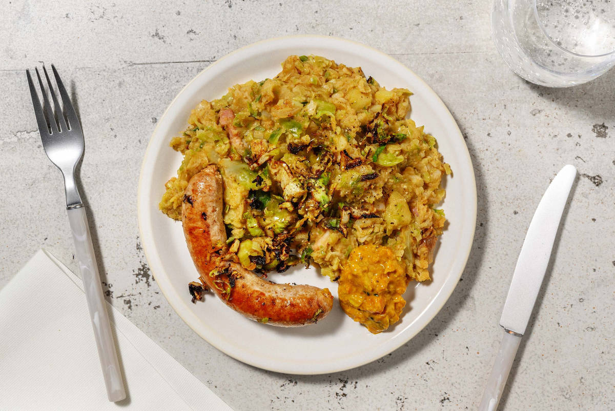 Saucisse de porc fermière et stoemp choux de Bruxelles-poireau 
