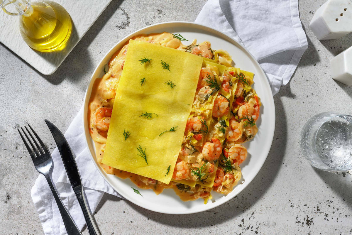 Open lasagne met garnalen en roomsaus 