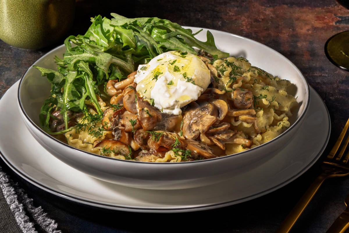 Mafaldine met biefstukreepjes in romige champignonsaus