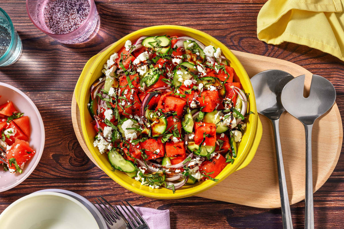 Salade de pastèque au fromage grec et basilic frais