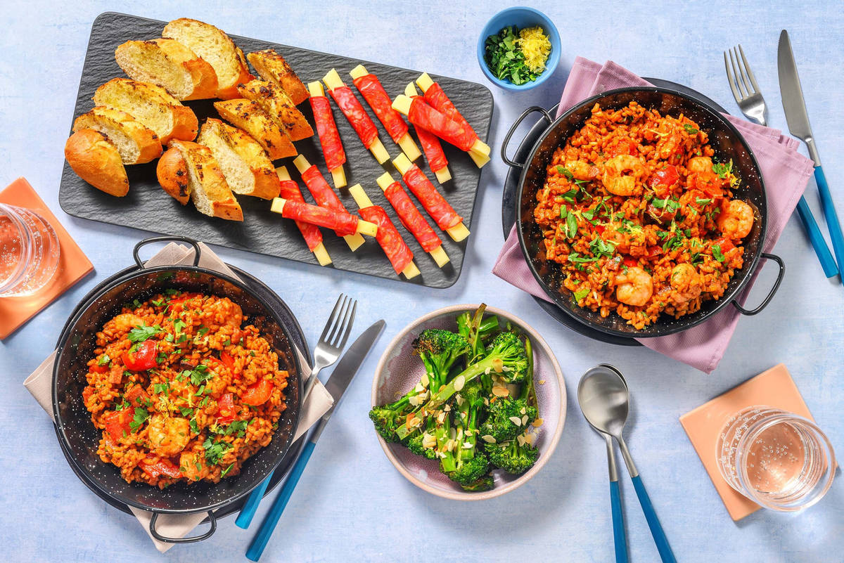Prawn-Chorizo Paella & a Trio of Tapas Style Sides