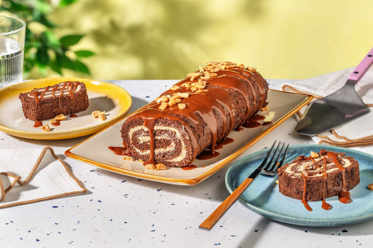 Chocolate, Peanut & Salted Caramel Swiss Roll