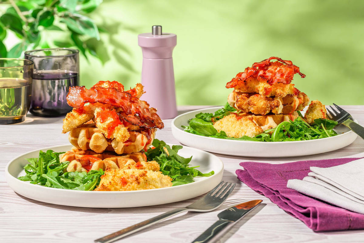 Hot Honey Buffalo Style Chicken & Bacon Waffles