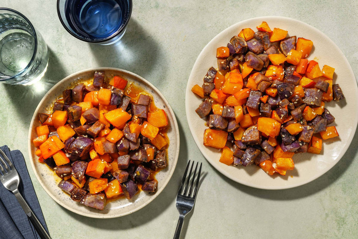 Patata viola e zucca arrostite alla coreana