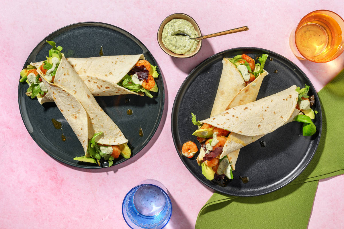 Wraps de crevettes, avocat & mayo basilic