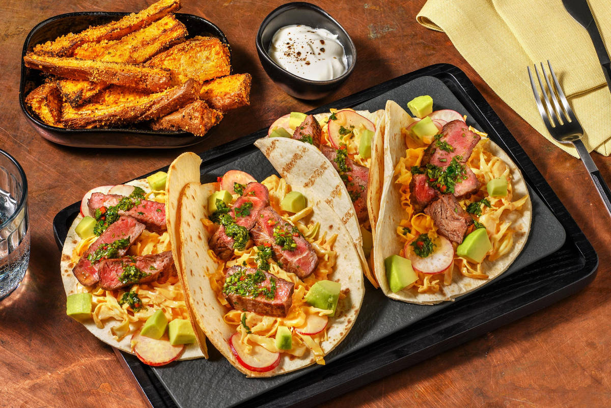 Steak-tacos og chimichurri