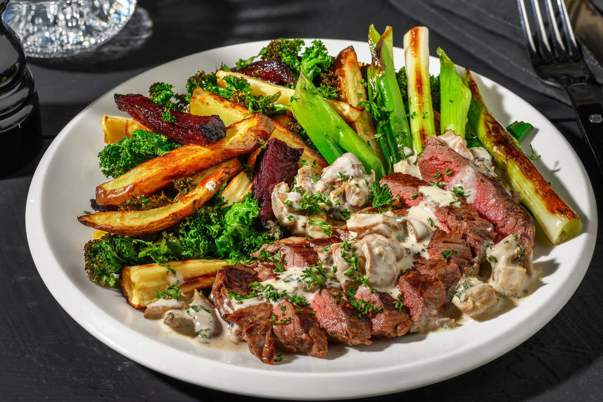 Stekt rumpstek och krämig svampsås