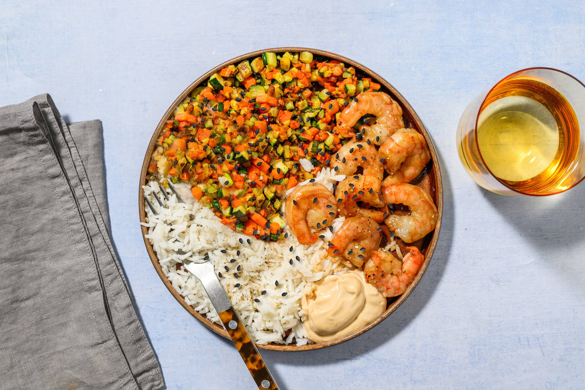 Poke tibio con extra de langostinos en salsa teriyaki