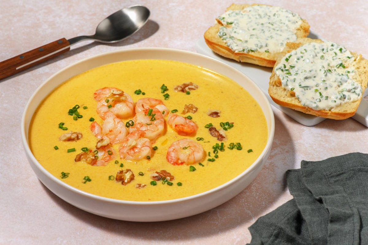 Extra de langostinos y zanahoria: crema con crunch de nueces