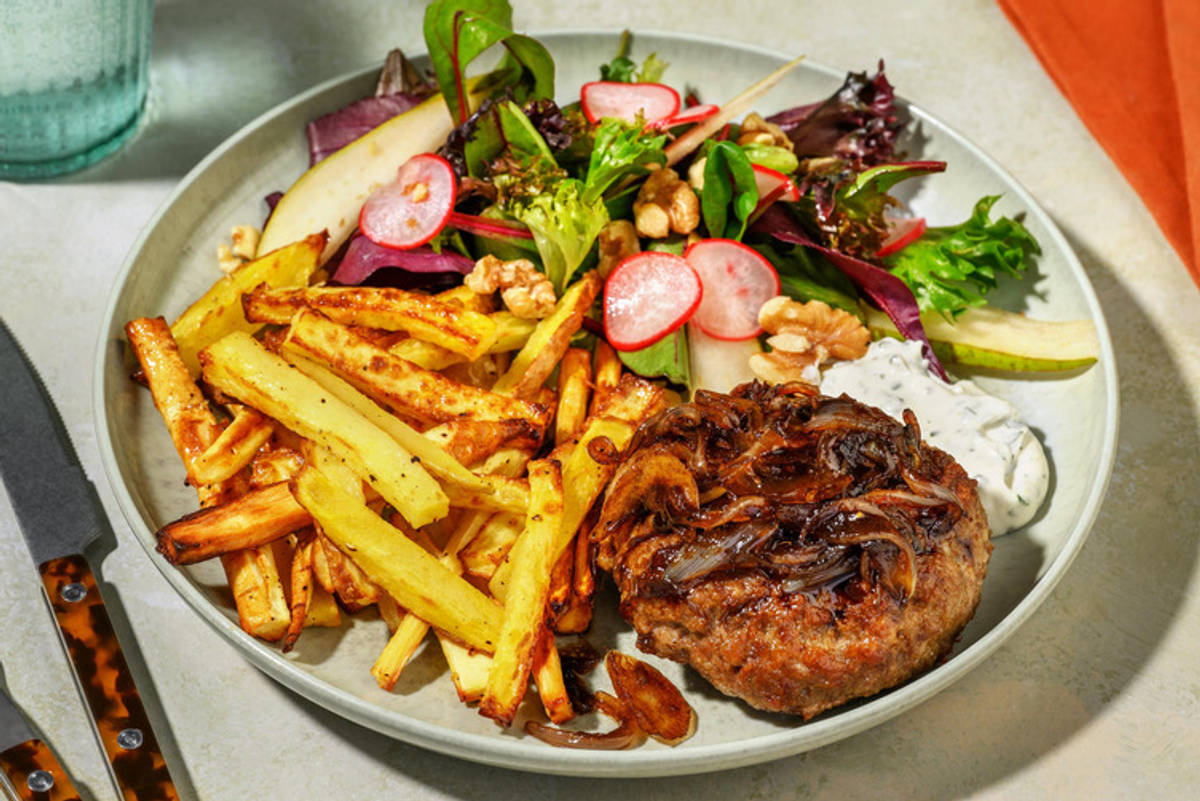 Fransk hakkebøf og bløde løg