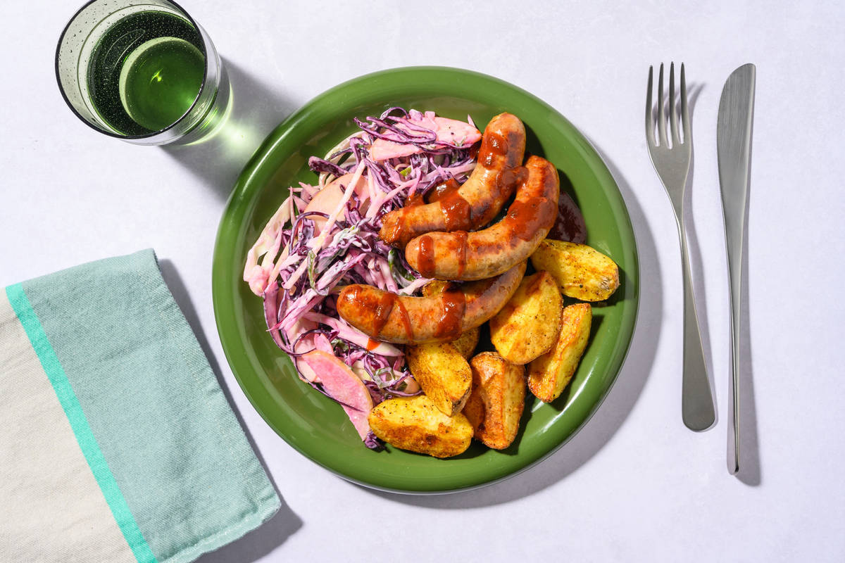 Easy Double Pork Sausages and Creamy Slaw