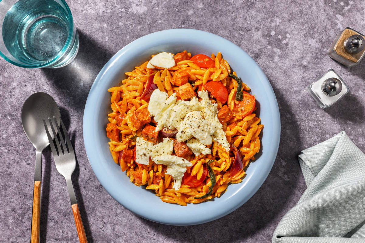 One-pan Chorizo and Mozzarella Orzo