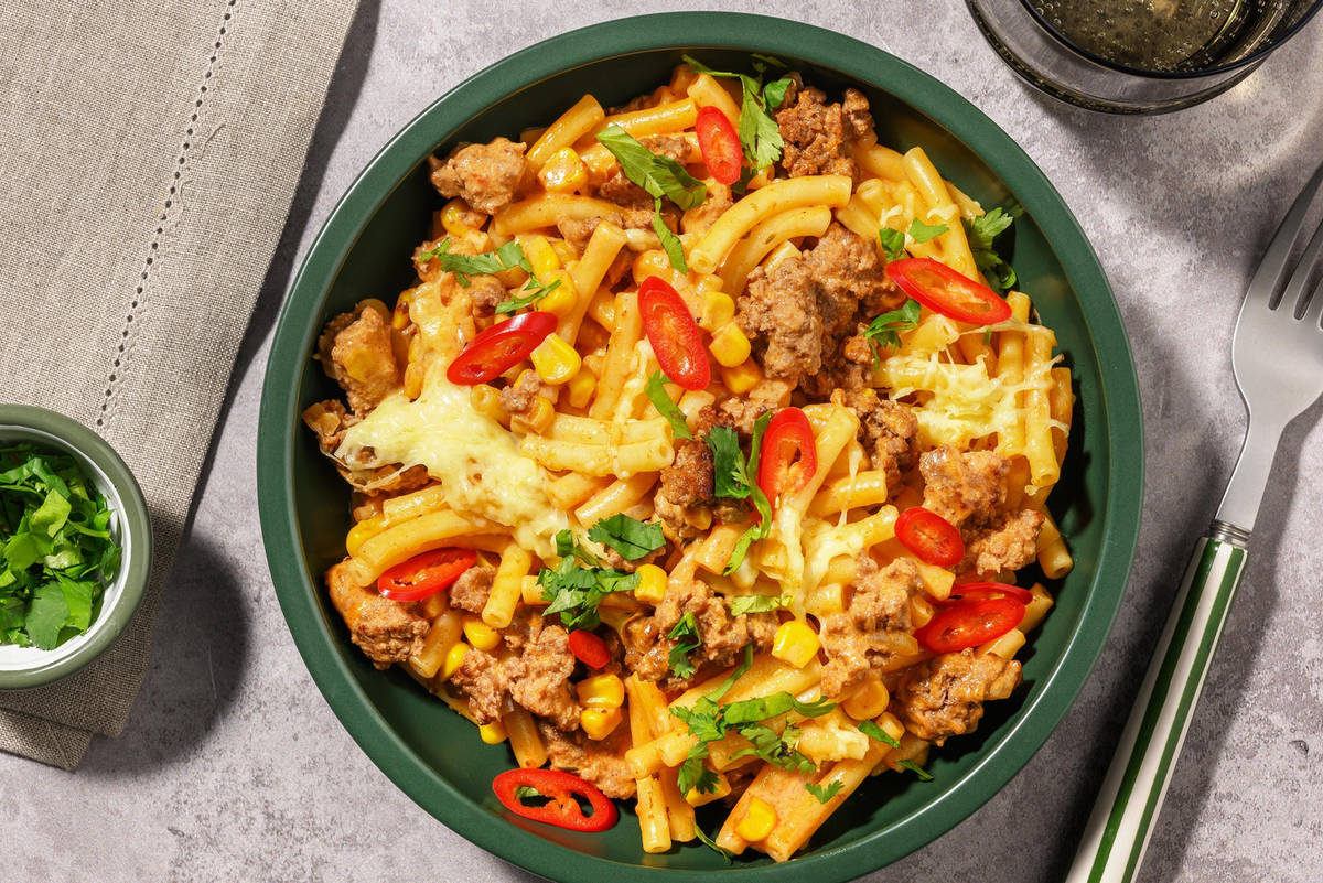 Texmexkryddad ”one pot”-pasta på blandfärs