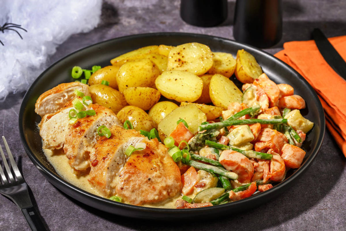 Kyckling och BU!-con i krämig sås