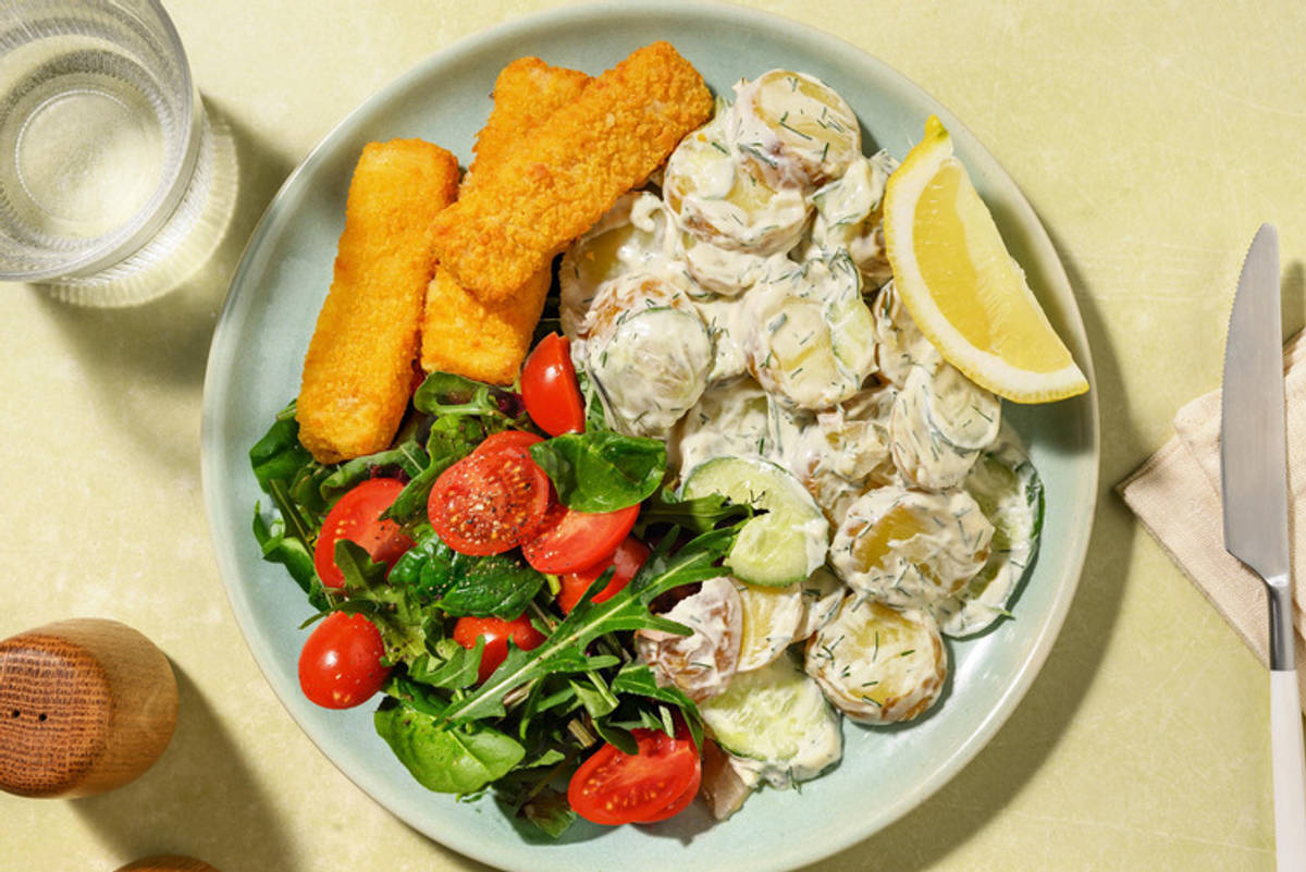 Veggie vissticks met romige yoghurt-dille aardappelsalade