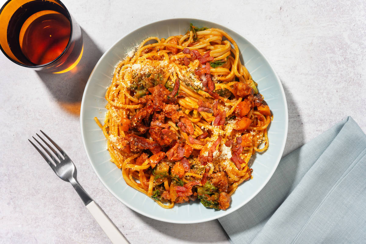 Rich Bacon and Sausage Ragu al Forno Spaghetti