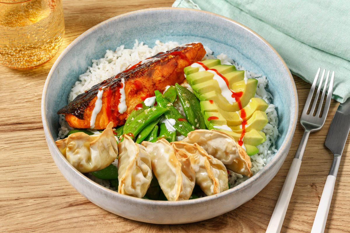 Sticky Honey Soy Salmon and Vegetable Gyoza Rice Bowl