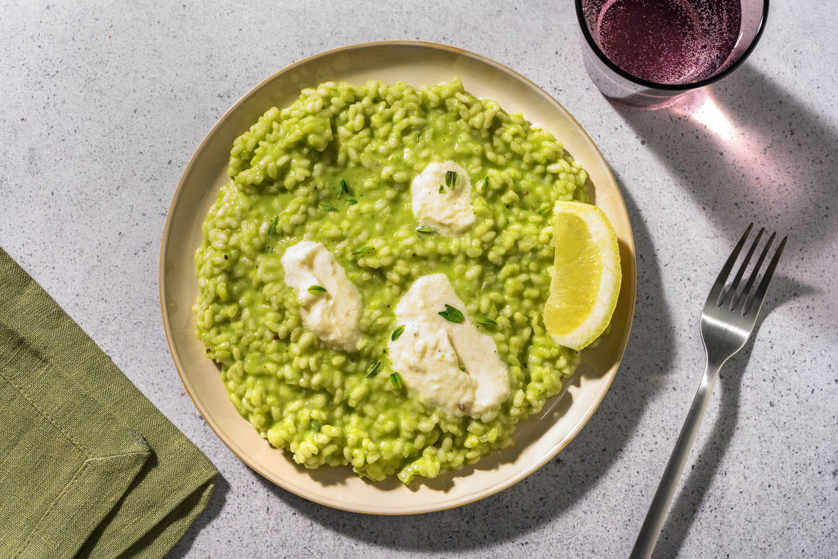 Risotto ai piselli, mazzancolle e mozzarella di bufala