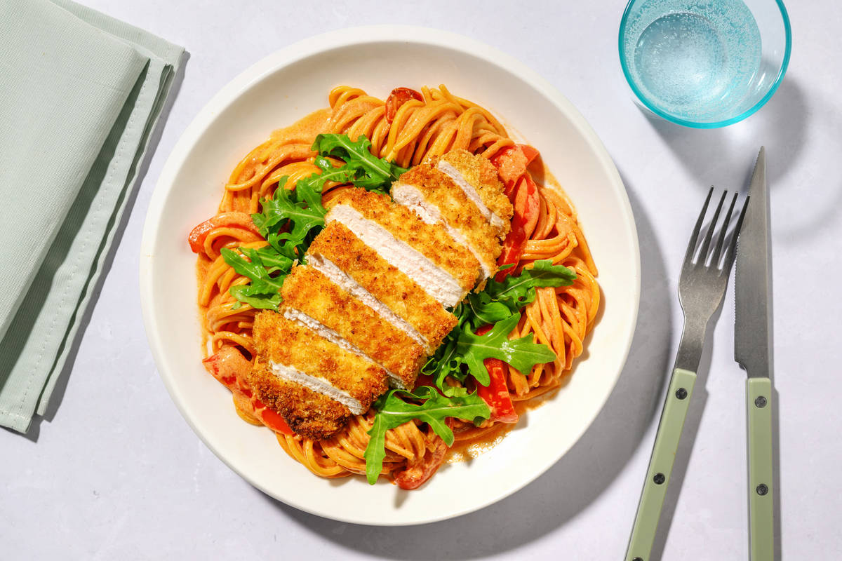 Chicken Milanese on Jerk Spiced Bacon Spaghetti