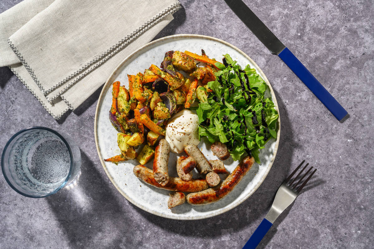 Italian Style Sausages and Pesto Roasted Veg