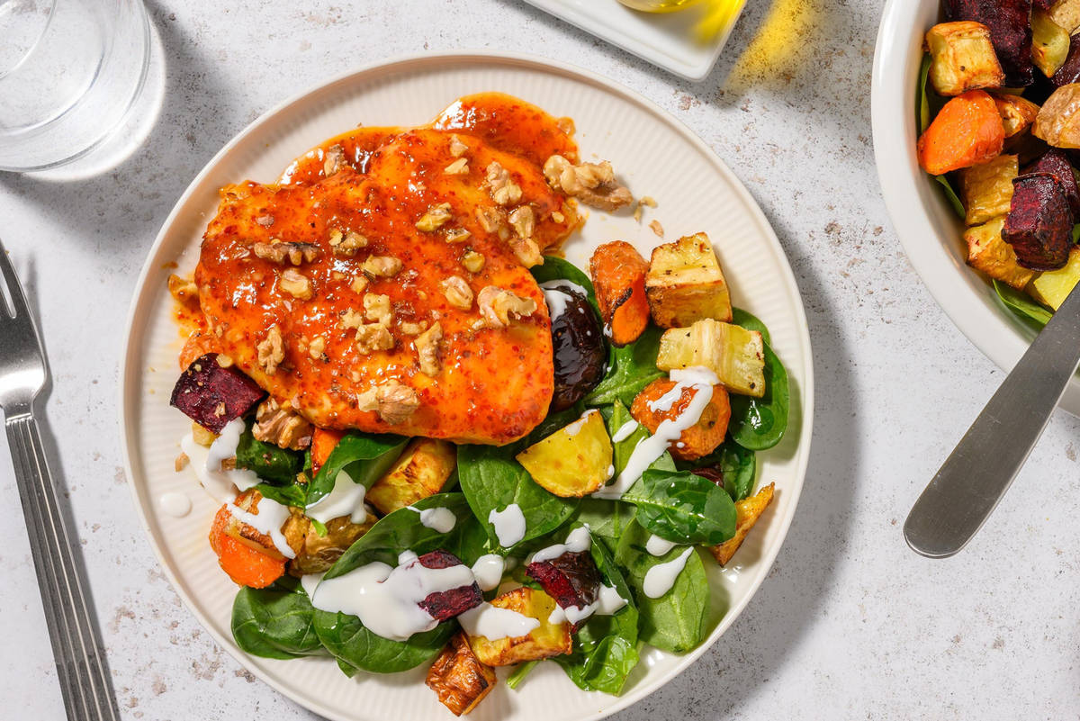 Appelsin-harissakylling og bagte rodfrugter