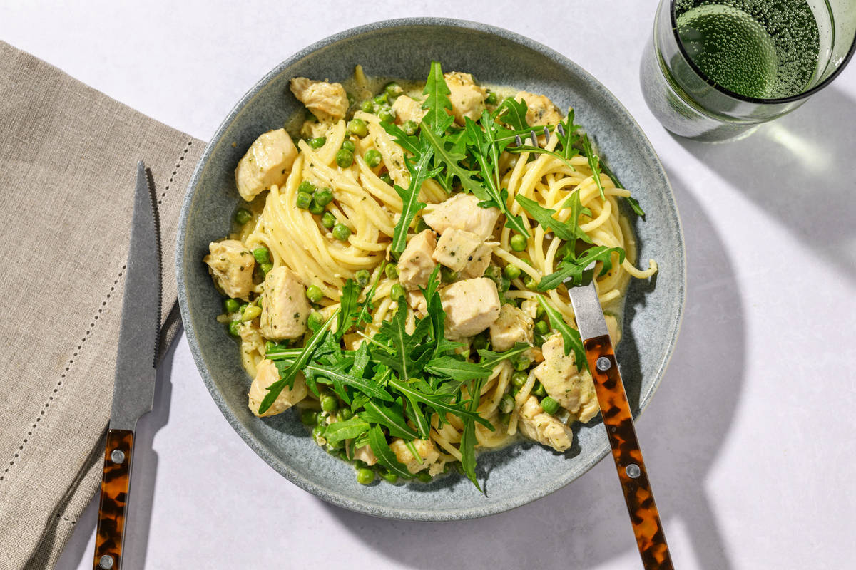 Presto Pesto Chicken and Pea Spaghetti