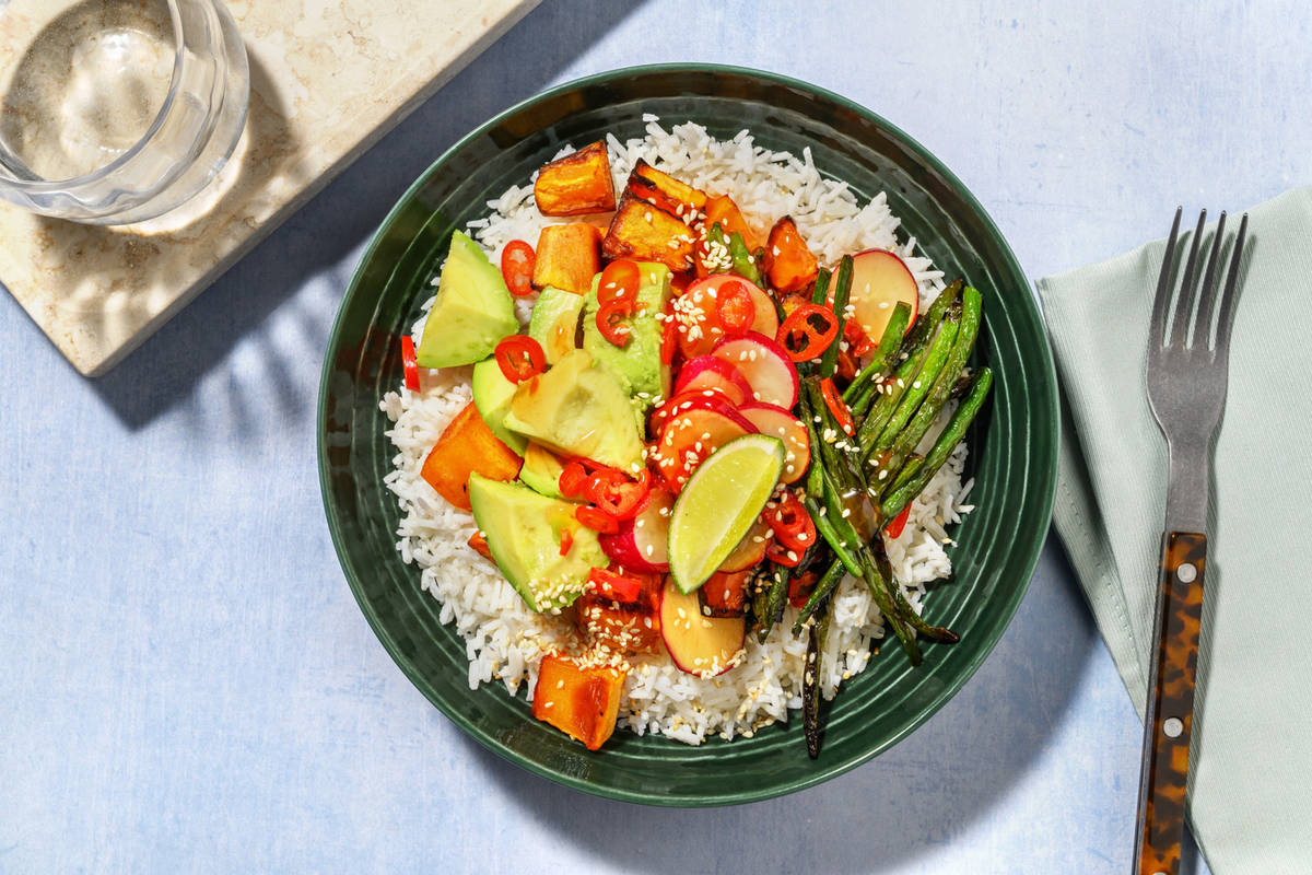 Avocado and Sweet Potato Vegan Bowl with Falafel